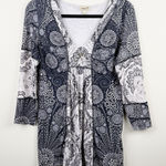 One World Women's M Blue White Paisley Floral Embellished Boho Tunic Top Photo 0
