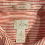 Chico's  No Iron Button Up Shirt Top Front Tie Pinstriped White Coral Sz 2 Lg Photo 2