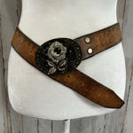 Vintage Leegin Tooled Medieval Leather Belt Rose Buckle Womens 32 Western Rodeo Brown Photo 0