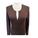 Tommy Hilfiger  Ribbed Knit Top Chocolate Brown Split Neck (L) Neutral Minimalist Photo 3