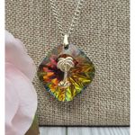 Vintage Germany Signed Iridescent Pendant Necklace with Gold Palm Tree 24" MINT Photo 3