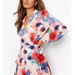 Boohoo  Womens Multicolor Floral Wrap Tie Long Sleeve Mini Skater A-line Dress 14 Photo 1
