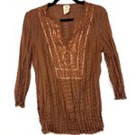 Faded Glory  M Brown 3/4 Top Boho Whimsygoth Summer‎ Cottage Fairy Sequin Plisse Photo 0