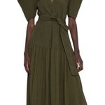 ZARA Women’s Puff Short Sleeve Fit And Flare Olive Green Cotton Midi Dress Sz S Photo 0