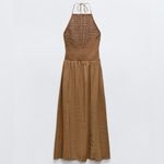 ZARA NWT brown smocked halter neck ruched stretchy contrasting midi dress Photo 3