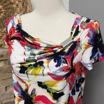 212 Collection Blouse Cowl Neck Short Sleeve Red White Multicolor Floral Size XL Photo 2