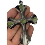 Sarah Coventry Limited Edition 1976 Biker Cross 3.5" Necklace Green Enamel Silver Photo 4