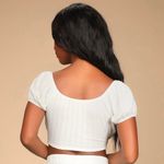 Lulus White Ivory Cute and Cuddly Pointelle Cutout Puff Short Sleeve Crop Top Photo 3