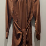 Brown Sheath Dress with Bishop Sleeves and Crew Neck Photo 0