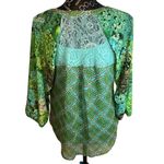 Olive Hill Floral Print Blouse Green Blue Lace Up Neck Long Sleeve Top Size M Photo 3