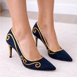Ashro Navy Blue Suede Pointed Toe Pumps Gold Embroidery Size 9(B106) Photo 0