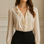 St. John Quiet Luxury Silk Ruffle Button up Blouse 10 Cream Fairy Victorian Photo 0