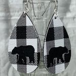 Handmade Black And White Plaid Bear Dangle Earrings Photo 0
