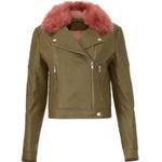 Samantha Sipos Faux Fur Biker Leather Jacket Green Pink Size Small S Photo 3