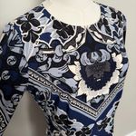 Maggy London Dress Midi Floral Sheath Long Sleeve Lined Cocktail Travel Blue Photo 2