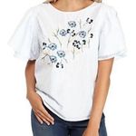 Kaari Blue  Flower Embroidered Flutter Top Floral Blue Stripe Large Photo 0