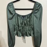 Mixed Threads Tie Front Square Neck Hunter Green Peasant Crop Blouse Size M Photo 1