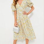 Hyacinth House NEW Blue and Orange Floral Puff Sleeve Pauline Midi Dress Medium Yellow Photo 0