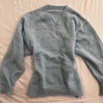 Women's Blue Sweater with Pearl Accents Photo 0