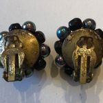 Vintage Cluster Bead Black Iridescent & Gold Beaded Antique Clip On Earrings Photo 2