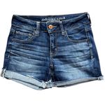 American Eagle  Midi Dark Blue Denim Super Stretch Shorts Cuff Raw Hem Size 4 Photo 1
