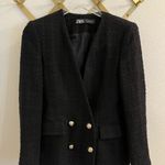 ZARA Black Tweed Double Breasted Blazer Gold Button XS Photo 6