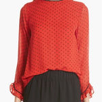 Ganni  Mullin Georgette Blouse US 4 Red Black Polka Dot Sheer‎ Long Sleeve Ruffle Photo 0