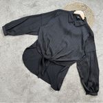 DKNY NWT  Women’s Jacquard Point Collar Long Sleeve Tie Front Blouse in Black L Photo 2