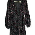 WAYF  Black Crushed Velvet Floral Print V Neck Long Sleeve Mini Dress Small Photo 0