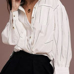 Free People Oversized Happy Hour Stripe Button Down Top White Black Large Preppy Photo 0