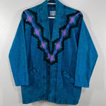 Sundance Vintage  Denim Jacket Southwestern Teal Aztec Print Acid Wash‎ USA Large Photo 0