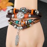 Exquisite feather pendant‎ handmade beaded boho faux leather bracelet Brown Photo 0