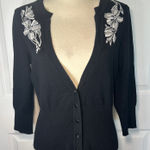 White House | Black Market  Black Silk Embroidered Floral Cardigan Sweater Size M Photo 0