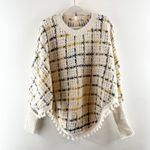 Anthropologie RAGA  Dulce Plaid Pommed Knit Poncho Sweater Ivory Small Photo 3