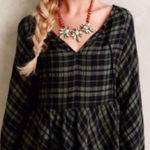 Holding Horses Anthropologie  green plaid tie front ruffle peplum top size medium Photo 0