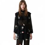 Ganni FLORAL LORITA GEORGETTE BLACK SHEER LONG SLEEVE MOCK NECK BLOUSE TOP Photo 1