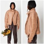 Missguided  Tan Borg Teddy Faux Leather Aviator Jacket Belted Premium Size 14 XL Photo 1