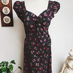 Vintage 90s Cherry Print Swiss Dot Black Wiggle Dress Large Size M Photo 0