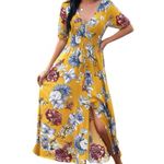 Boho Summer V Neck Floral Short Sleeve Slit Maxi Long Dress Yellow Multi Size M Photo 1