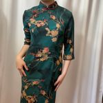 Green Chinese Satin Cheongsam Qi Pao Mandarin Collar Maxi Dress Size Large Photo 3