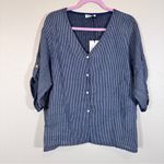 Nina Kendosa Blue Striped Linen Short Sleeve Button Down Shirt L Beachy Vacation Size L Photo 11