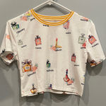 Source Unknown Women’s white cropped Tee - White and Yellow with perfume pattern Photo 0