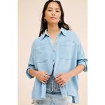 Free People  Cardiff Oversized Top Size XL Blue Waffle Knit Boho Long Sleeve Photo 2