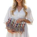 Stella & Dot Taj Boho Clutch Bag Multicolor Woven Fringe Magnetic Closure Photo 0