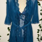 Blue Mesh Lace Trimmed Lingerie Robe and Slip Dress Set Photo 0