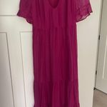 Marie Oliver  Vanessa Fuschia Pink Subtle Plaid Short Sleeve V Neck Maxi Dress Photo 2