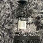 Venus Open Front Cardigan Sweater S Black Gray Stripe Fuzzy Trim Knit Photo 5