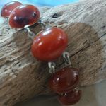 Silvertone Carnelian Agate looking Amber Link Bracelet Oval Cabochons Vintage Silver Photo 2