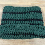 Hand knitted green and black striped beanie that gives two little points Photo 0