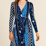 Leota  Wrap mixed print black blue long‎ sleeve faux wrap dress, women size M Photo 0